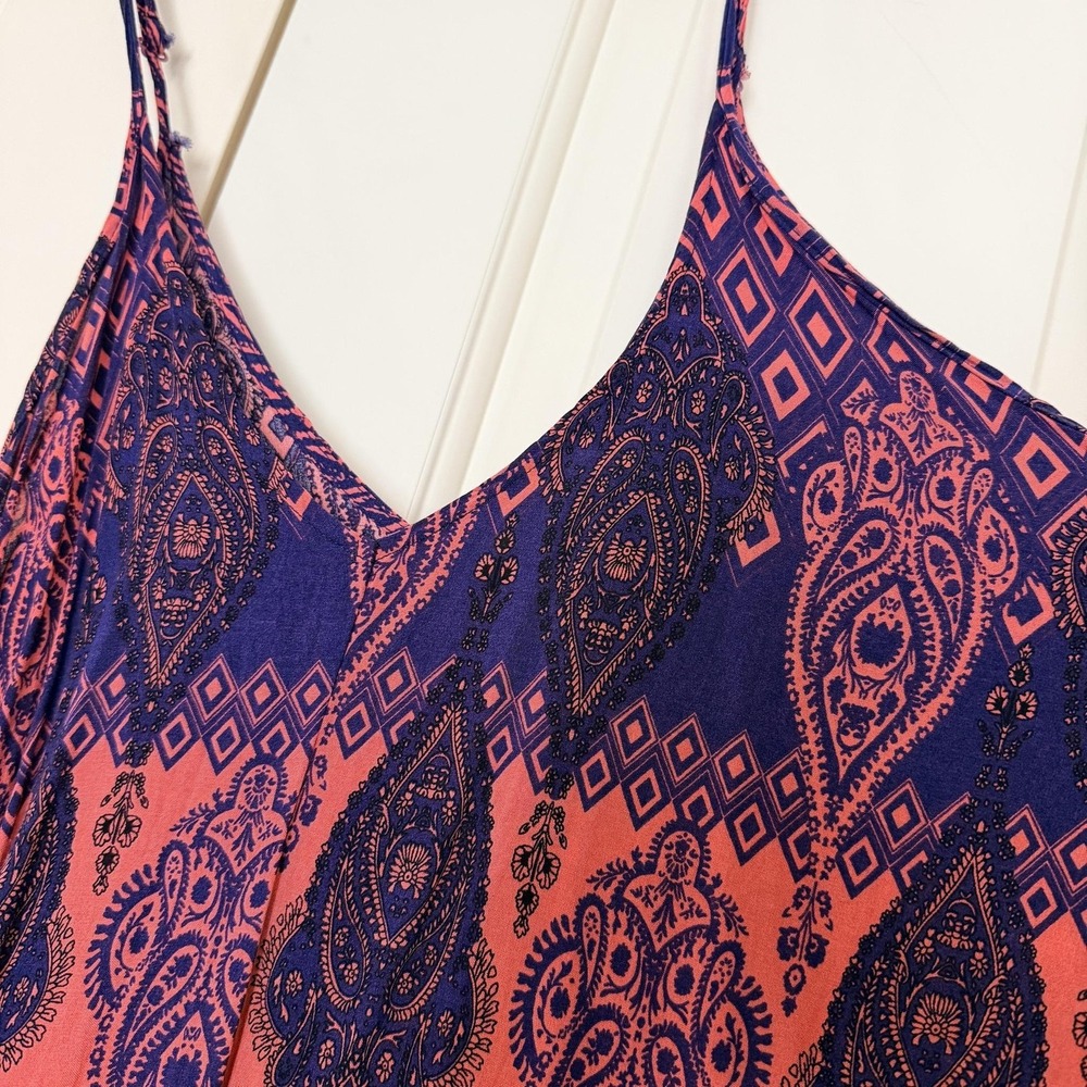 Wishlist Dress M/L Blue Coral Paisley Maxi Spaghetti Strap Boho Sundress Pockets
